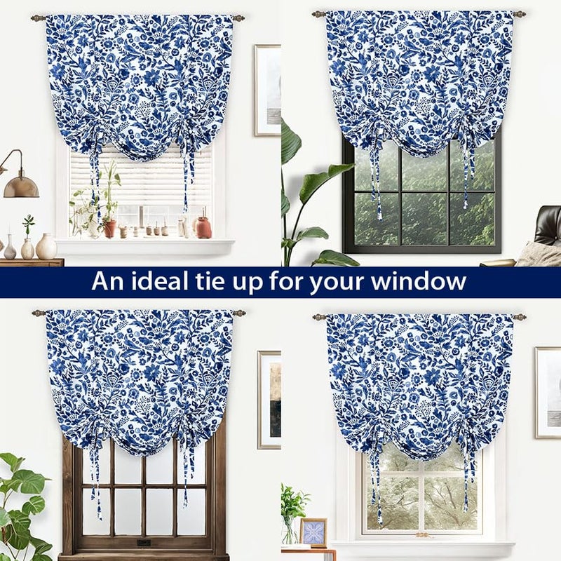 DriftAway Julia Watercolor Blooming Flower Floral Tie Up Curtain Thermal Insulated Blackout Window Adjustable Balloon Curtain Shade for Small Window Rod Pocket Single 45 Inch by 63 Inch Navy - Image 3